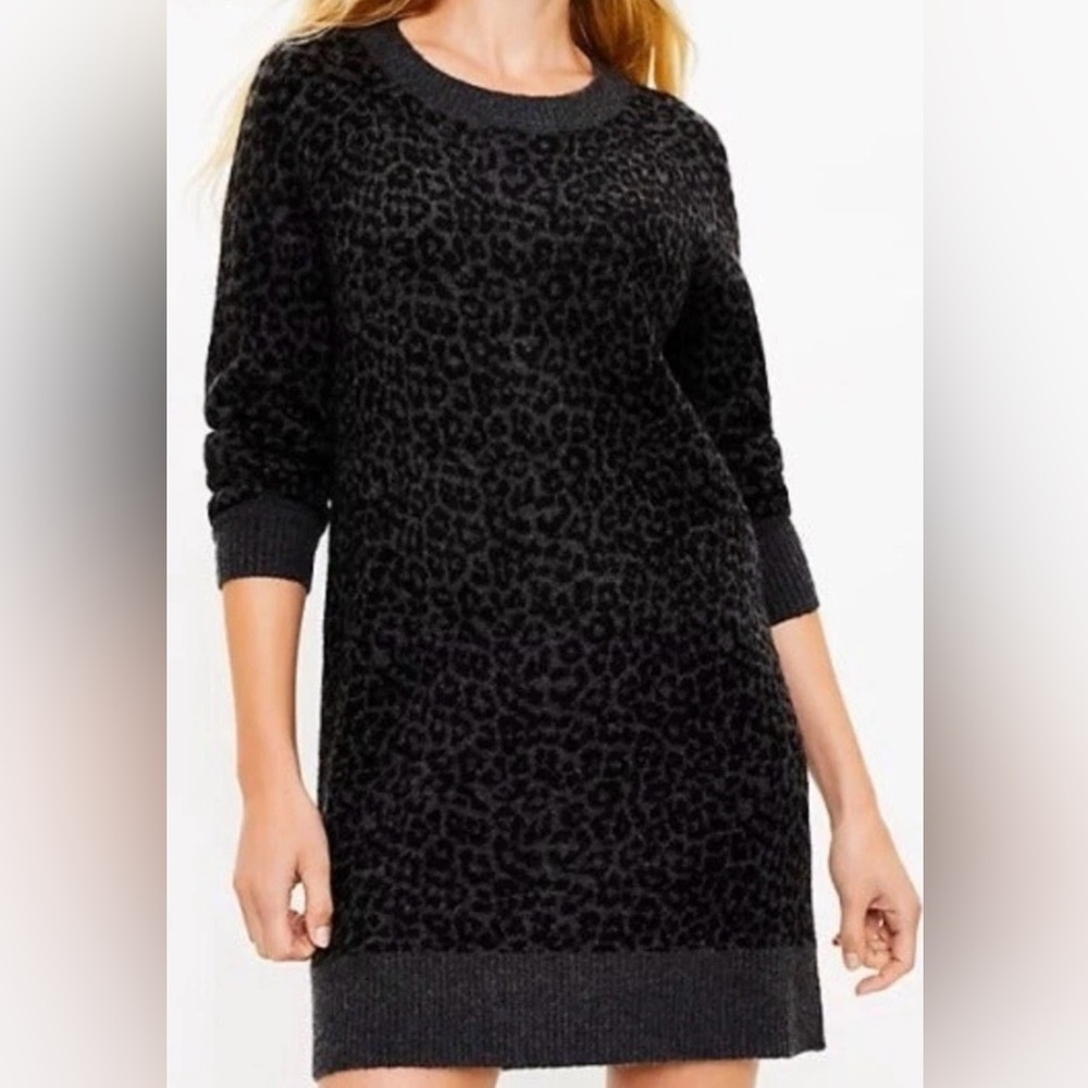 LOFT Leopard Print Black Gray Women’s Medium Sweater Dress Long Sleeve Pullover